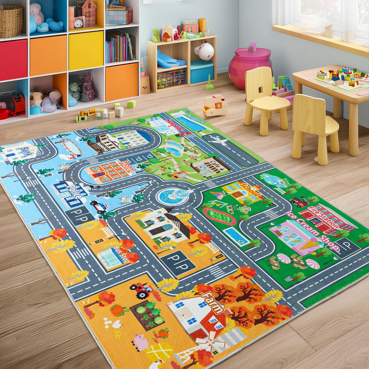Car Rug Play Mat for Kids Toy Cars, 5' x 7' Town City Track Road Carpet, Non-Slip Machine Washable Town City Track Road Rugs Four Seasons Theme Traffic Mat for Kids Room Bedroom Game Safe Area