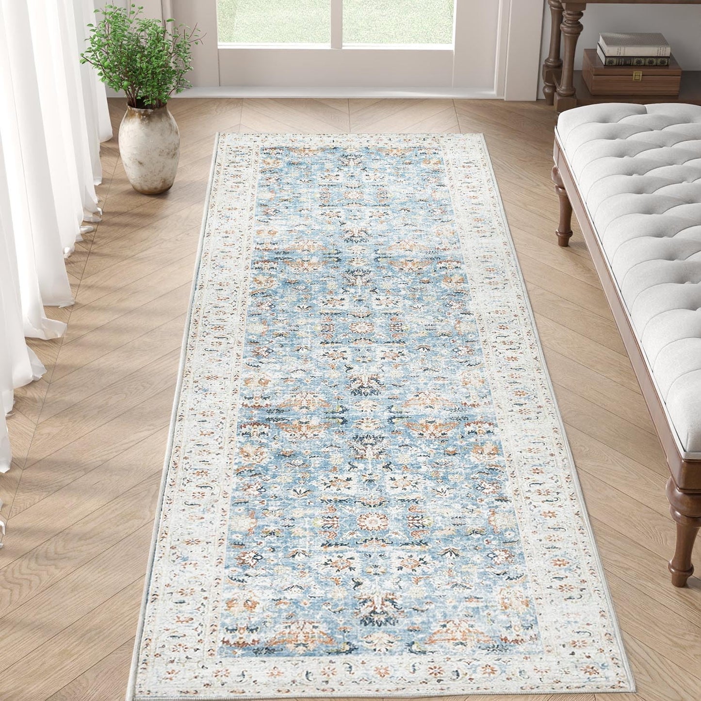 jinchan Runner Rug 2x5 - Hallway Rug Kitchen Washable Runner Vintage Floral Boho Lightweight Thin Non-Slip Retro Distressed Carpet for Entryway Bathroom Bedroom Laundry Room Light Blue