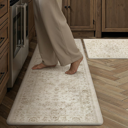 WondRg Anti Fatigue Kitchen Mats 2PCS Beige Neutral Mats for Cushioned Vintage Kitchen Matss for Floor Non-Slip Waterproof Comfort Standing Rug for Sink Laundry Office 17.3"×47"+17.3"×30"