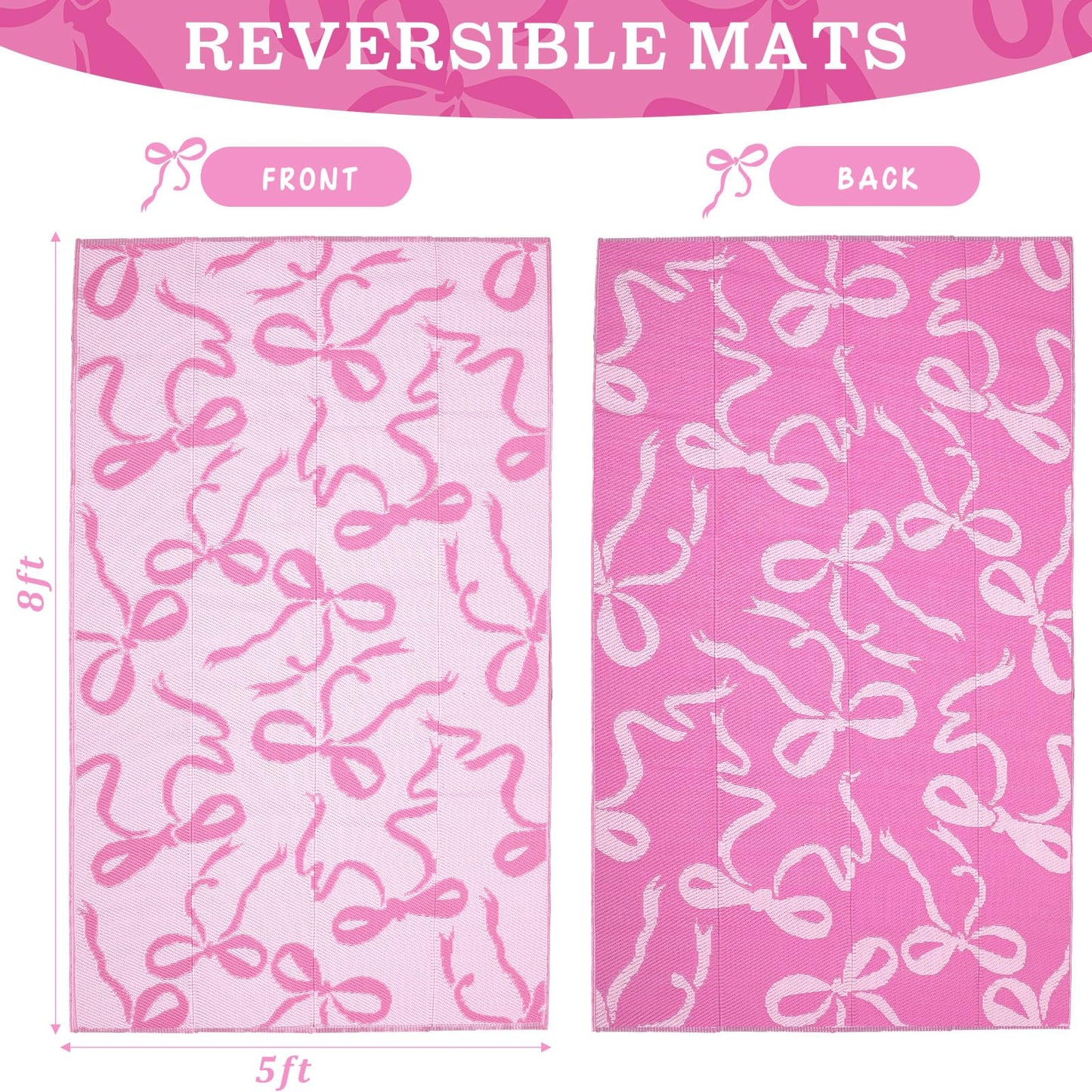Nuanchu Outdoor Rug Plastic Straw Rugs 5x8 ft Pink Bow Camping Patio Rug Coquette Carpet Mat Indoor Outdoor Rv Mat for Valentines Outside Beach Pool Patio Backyard Deck
