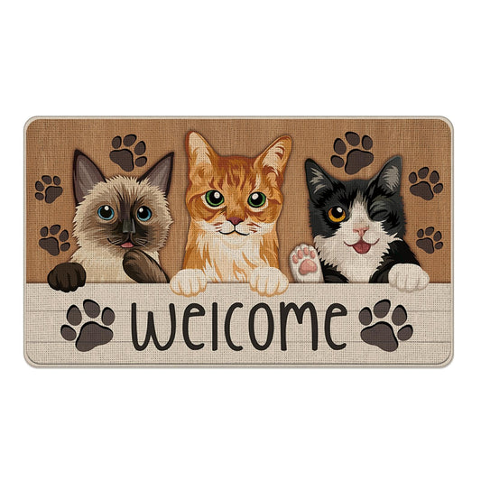 Livcoz Cats Welcome Front Door Mat, Orange Siamese Tuxedo Cat Decorative Doormat Non-Slip Floor Entryway Rug, Pet Paw Prints Farmhouse Low Profile Indoor Outdoor Home Kitchen Decor 17''x29''