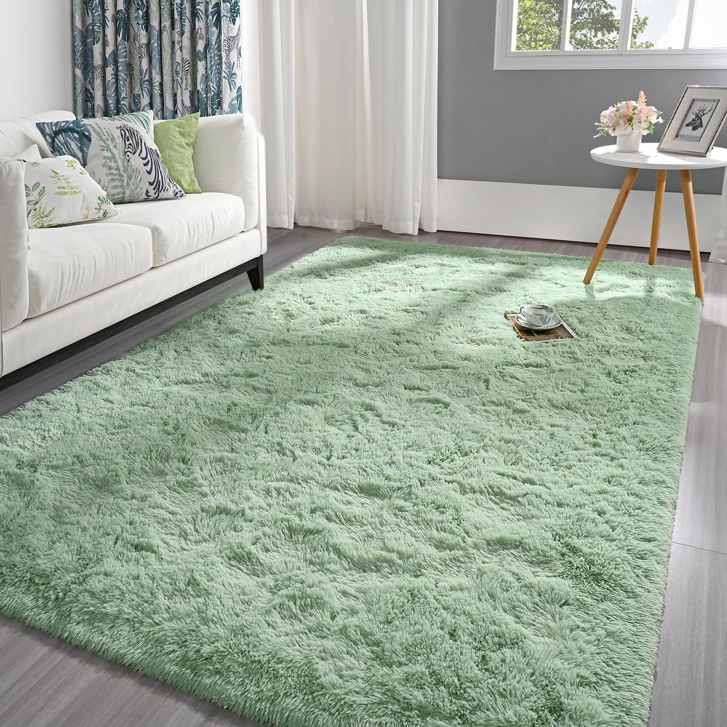 Pettop Fluffy Sage Green Area Rug for Bedroom Living Room, 4x6 Feet Soft Plush Fuzzy Rugs for Girls Kids Boys, Non-Slip and Washable Rug for Nursery Classroom, Carpet for Rooms Decor