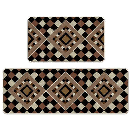 Livcoz Geometric Argyle Kitchen Rugs Set of 2, Vintage Diamond Ethnic Neutral Modern Art Floor Mats Home Decor, Retro Minimalist Contemporary Door Mat Decorations - 17x29 and 17x47 Inches
