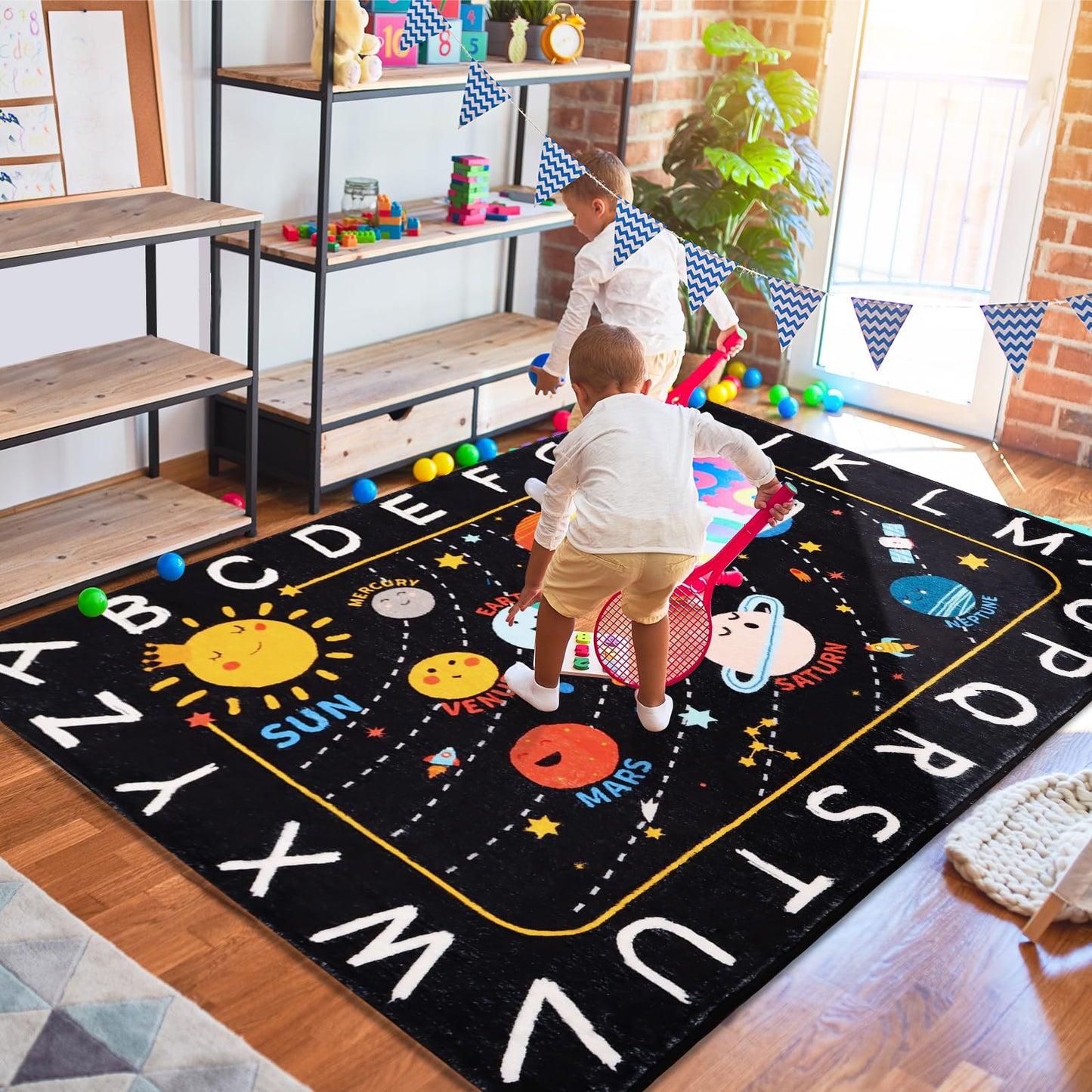 Outer Space Kids Rug,3'3" x 4'11" ABC Alphabet Educational Kids Rugs for Playroom,Non Slip Solar System Galaxy Planets Playroom Rug,Washable Area Rug Carpet for Classroom Kid Room Decor(for Age 2+)