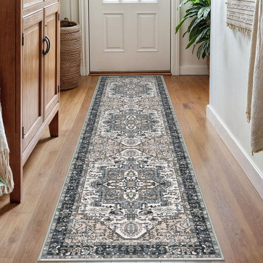 KOZYFLY Runners for Hallways 2x7 Ft Washable Kitchen Runner Rug Boho Runner Rug for Entryway Indoor Printed Faux Wool Long Floor Carpet Runner for Bedroom Laundry Kitchen Hallway, Black/Taupe/Beige