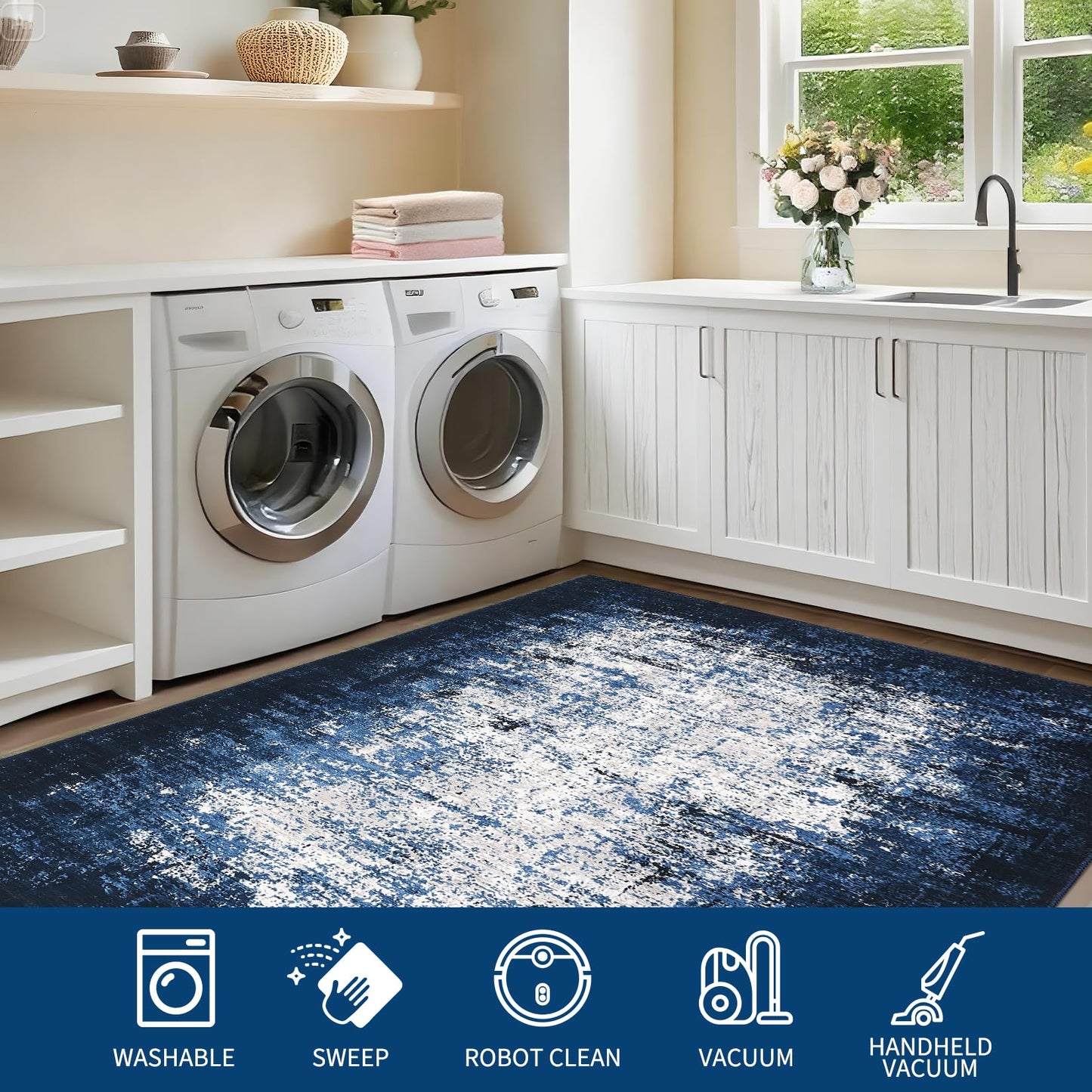 GarveeHome Abstract Area Rugs 5x7 Ultra-Soft Modern Indoor Carpet, Stain-Resistant Neutral Floor Cover, Non-Slip Distressed Throw Rug, Easy Cleaning, Perfect for Living Room, Office, Blue
