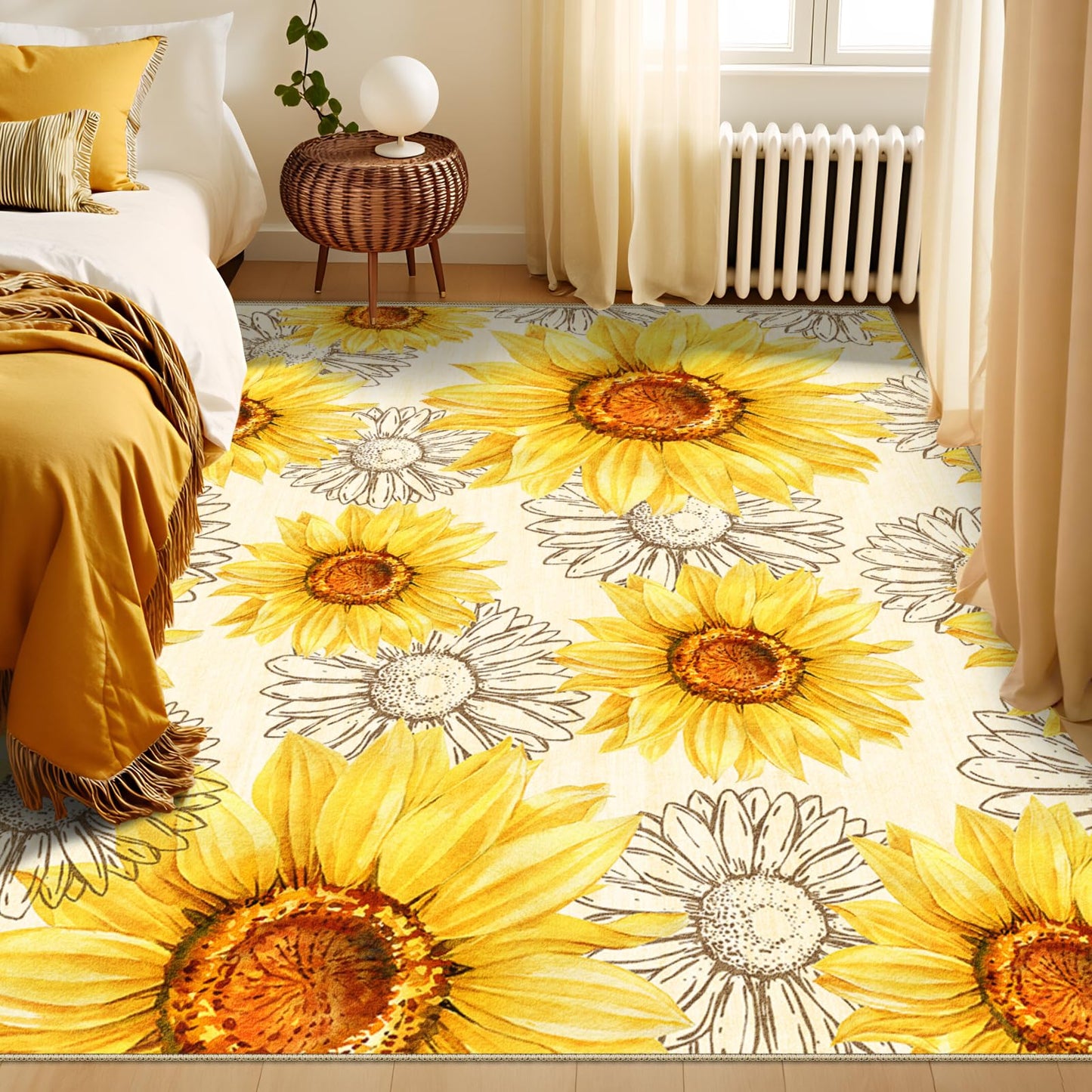 AooHHooA Sunflower Rug 5x7 Rustic Floral Rug with Non-Slip Backing Low Pile Washable Area Rugs for Living Room Bedroom Dining Room