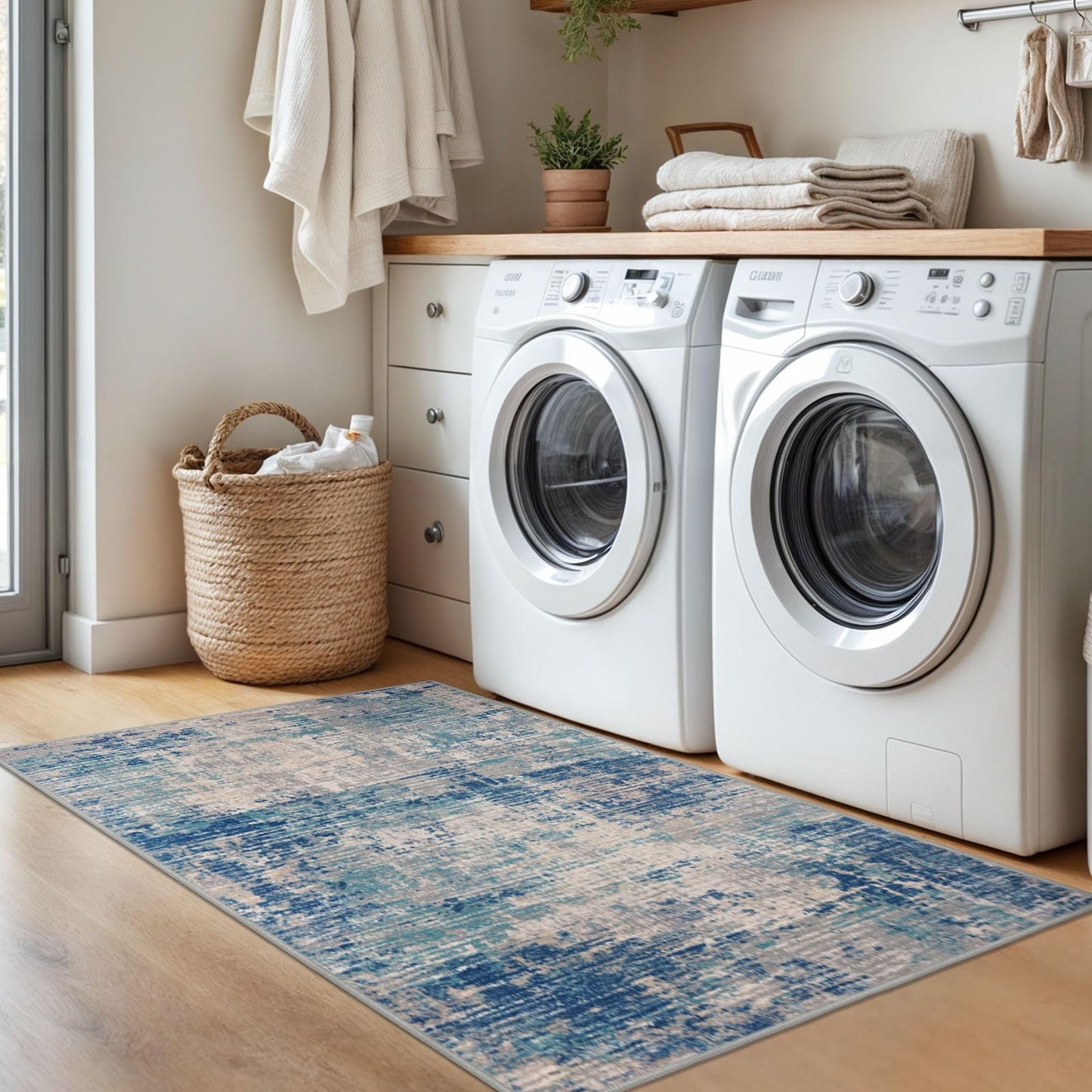 KILOCOCO Abstract Area Rug 3x5 Entryway Rug Washable Kitchen Rugs Non Slip Soft Printed Entrance Rugs Indoor Mat for Front Door Foyer Farmhouse Living Room Floor Carpet, Blue/Grey/Beige