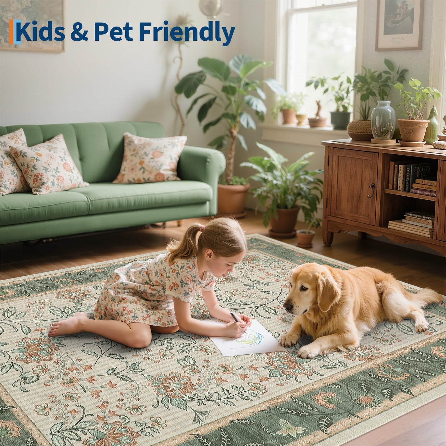GarveeHome 5x7 Area Rug Sage Green Washable Rugs for Living Room Bedroom, Soft Low Pile Non Slip French Country Floor Mat Botanical Floral Print Throw Rug Indoor Carpet Dining Room Playroom
