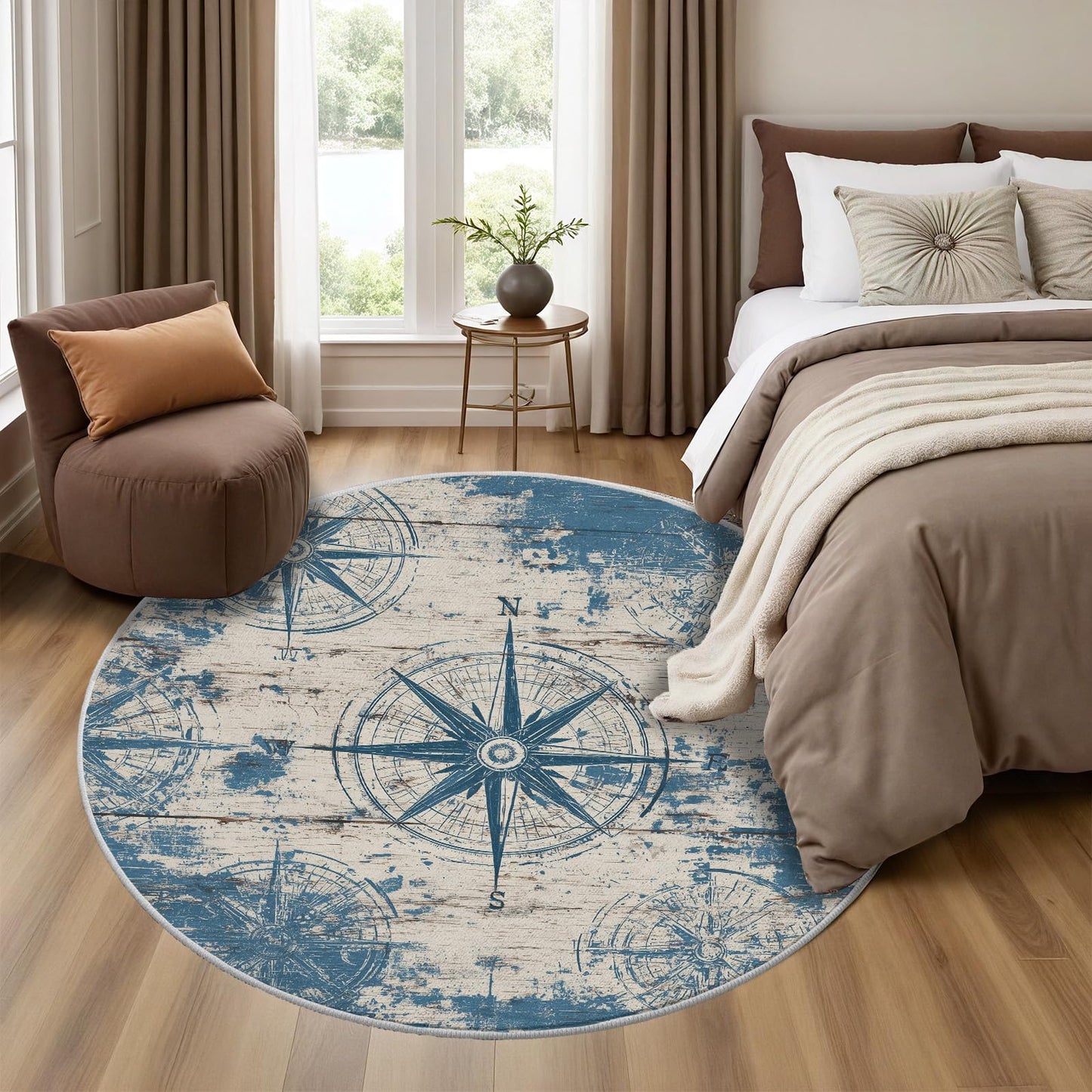 Naval Compass (Blue) Round Rug 4 ft Round Washable Area Rug Indoor Floor Cover Shabby Chic Wooden Planks Circle Mat Round Rugs Non Slip Low Pile Carpet for Entryway Living Room Bedroom