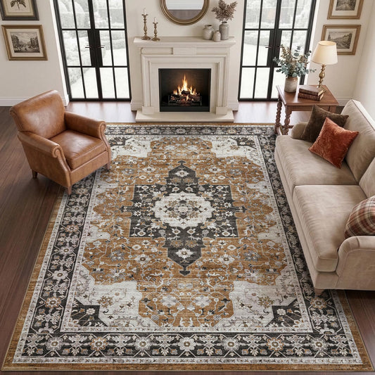 DEXI Washable Area Rug for Living Room 5x8, Vintage Farmhouse Indoor Area Rugs, Stain Resistant Low Pile Carpet with Non Slip Backing for Dining Bedroom Office, Brown