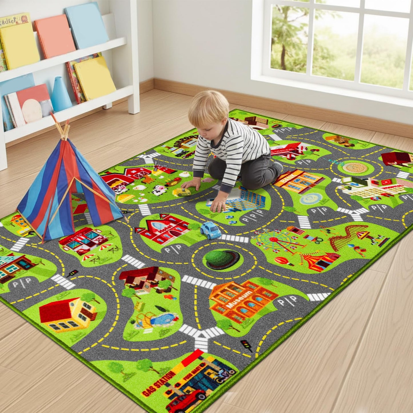 Kids Rug for Playroom, 60"X36" Car Rug Play Mat, Town City Road Map for Boys to Play with Cars Trucks, Non-Slip Car Carpet for Classroom Nursery Bedroom, Machine Washable (City Map, 60"X36")