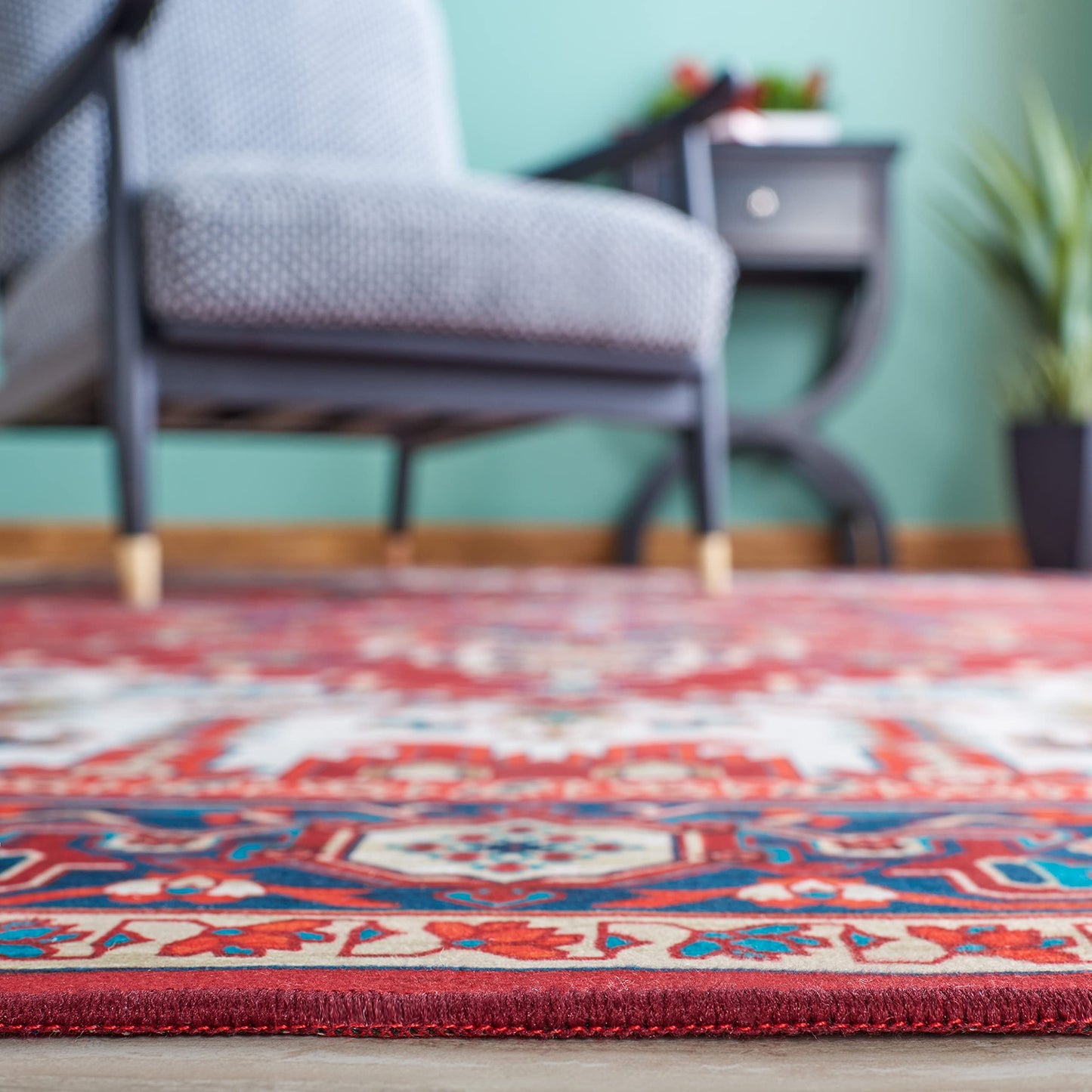 SAFAVIEH Washable Rug Tucson Collection - 8' x 10', Red & Blue, Slip Resistant & Easy to Clean, Ideal for Living Room, Bedroom, Dining Space (TSN101Q)