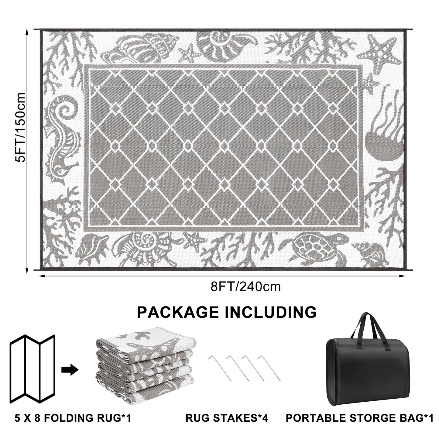 Vaukki Reversible Rugs, Plastic Straw Outdoor Doormat, Fade Resistant Plastic Outdoor Patio Mat, Lightweight Ocean Area Carpet for Patio, RV, Camping, Beach, Deck, Backyard and Picnic (Grey, 5'x8')