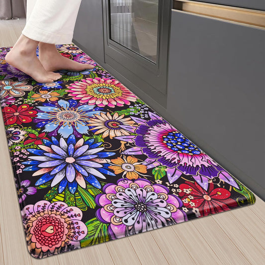 Likiyol Boho Kitchen Rugs Boho Floral Anti Fatigue Kitchen Mat for Floor Bohemian Flowers Non Slip Washable Kitchen Floor Mats, Comfort Standing Mat for Sink, Laundry, 18''x48'', 0.47" Th, Purple