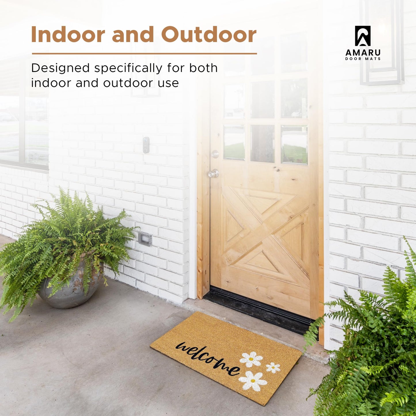 AMARU DOOR MATS - Coir Welcome Mat, Non-Slip, Welcome Daisies, 17 x 29 in