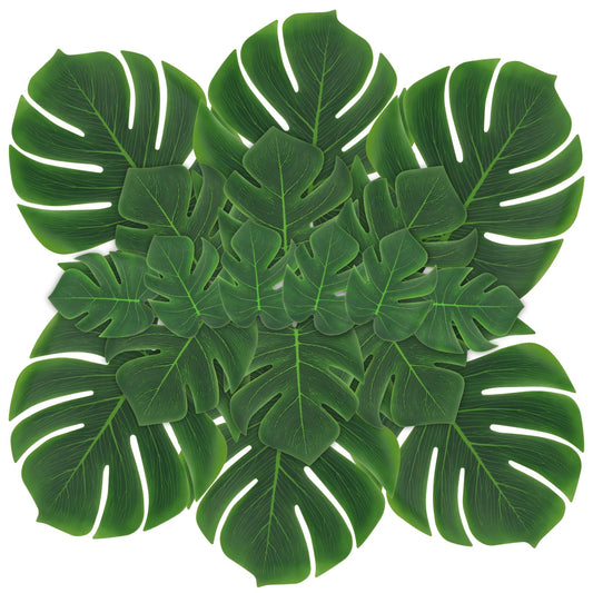ARTKAIKE Artificial Palm Monstera Green Leaves for Birthday Party Table Decor, Realistic Tropical Fake Plants for Dinosaur/Jungle, Luau & Safari Theme Events (18, Monstera)