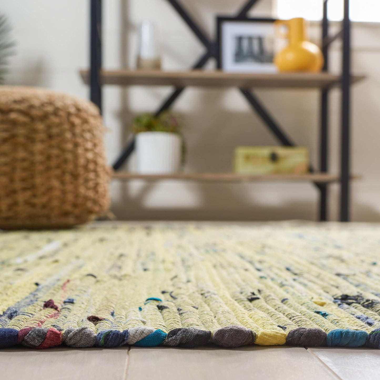 SAFAVIEH Rag Rug Collection Area Rug - 5' x 8', Light Green & Multi, Handmade Boho Stripe Cotton, Ideal for High Traffic Areas in Living Room, Bedroom (RAR127D)