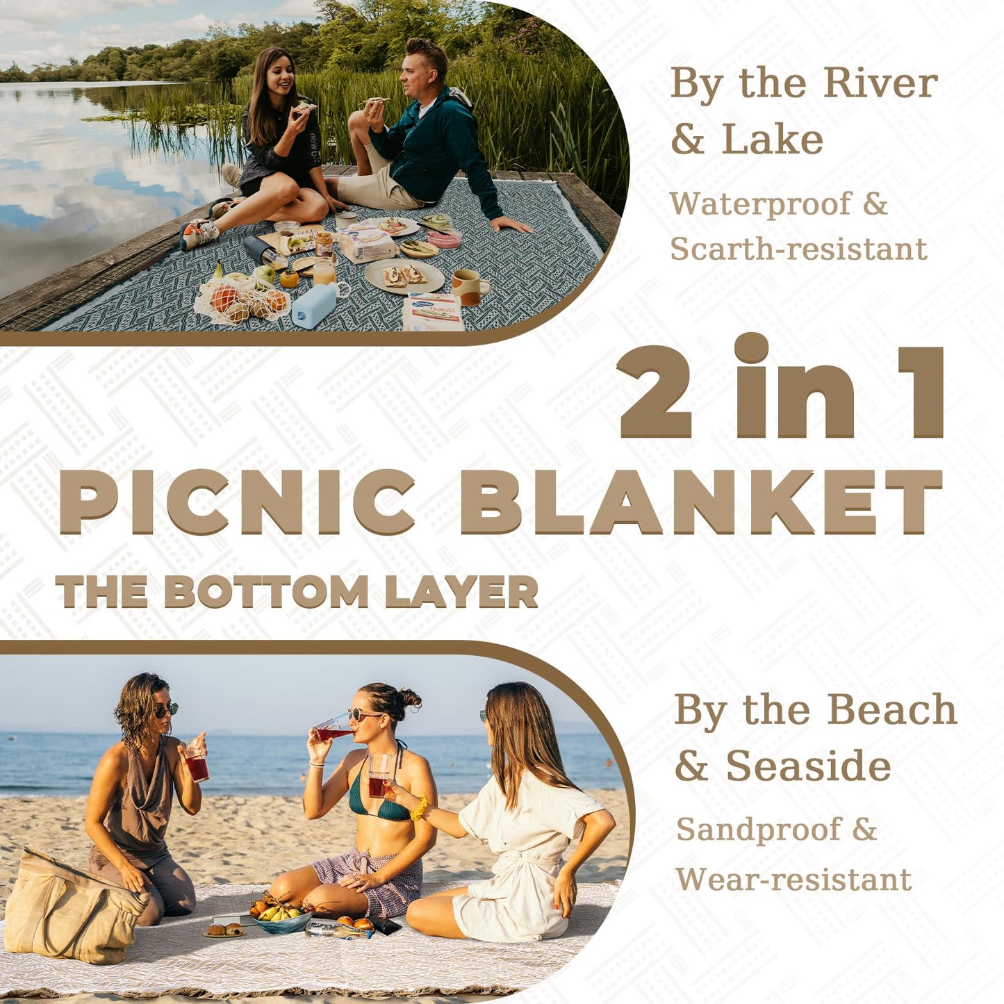 2 in 1 Extra Large 80"* 80" Rug Picnic Waterproof Outdoor Beach Blanket Foldable Camping Mat Car Travel Necessities Mountaineering Essentials Camper Accessories Backpacking Gear Trip Supplies