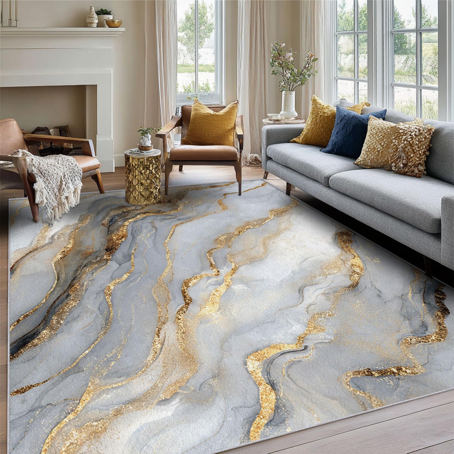 Marble Rug 3x5, Grey Gold Area Rugs for Living Room Bedroom Kitchen, Marble Home Decor Carpet, Washable, Non Slip, Soft, Low Pile