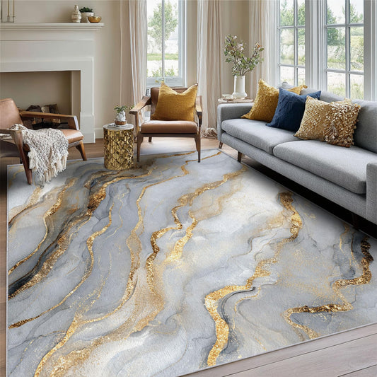 Marble Rug 3x5, Grey Gold Area Rugs for Living Room Bedroom Kitchen, Marble Home Decor Carpet, Washable, Non Slip, Soft, Low Pile