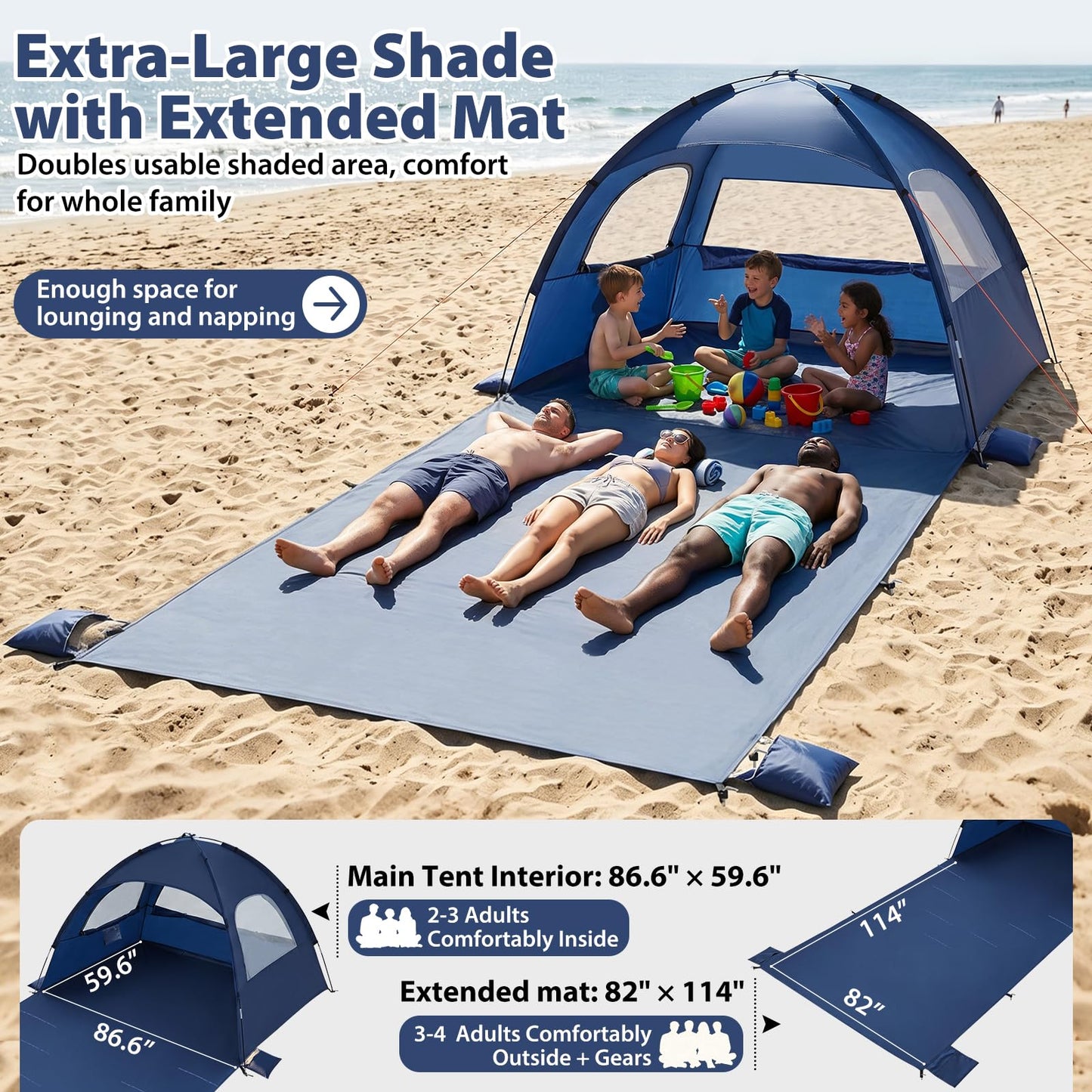 Beach Tent Sun Shelter- with 114 x 82” Extended Mat for 3-6 Person,UPF 50+ UV Protection,Easy Setup Beach Shade Canopy,Portable Camping Sun Shelters with 3 Mesh Window for Family Picnics Fishing