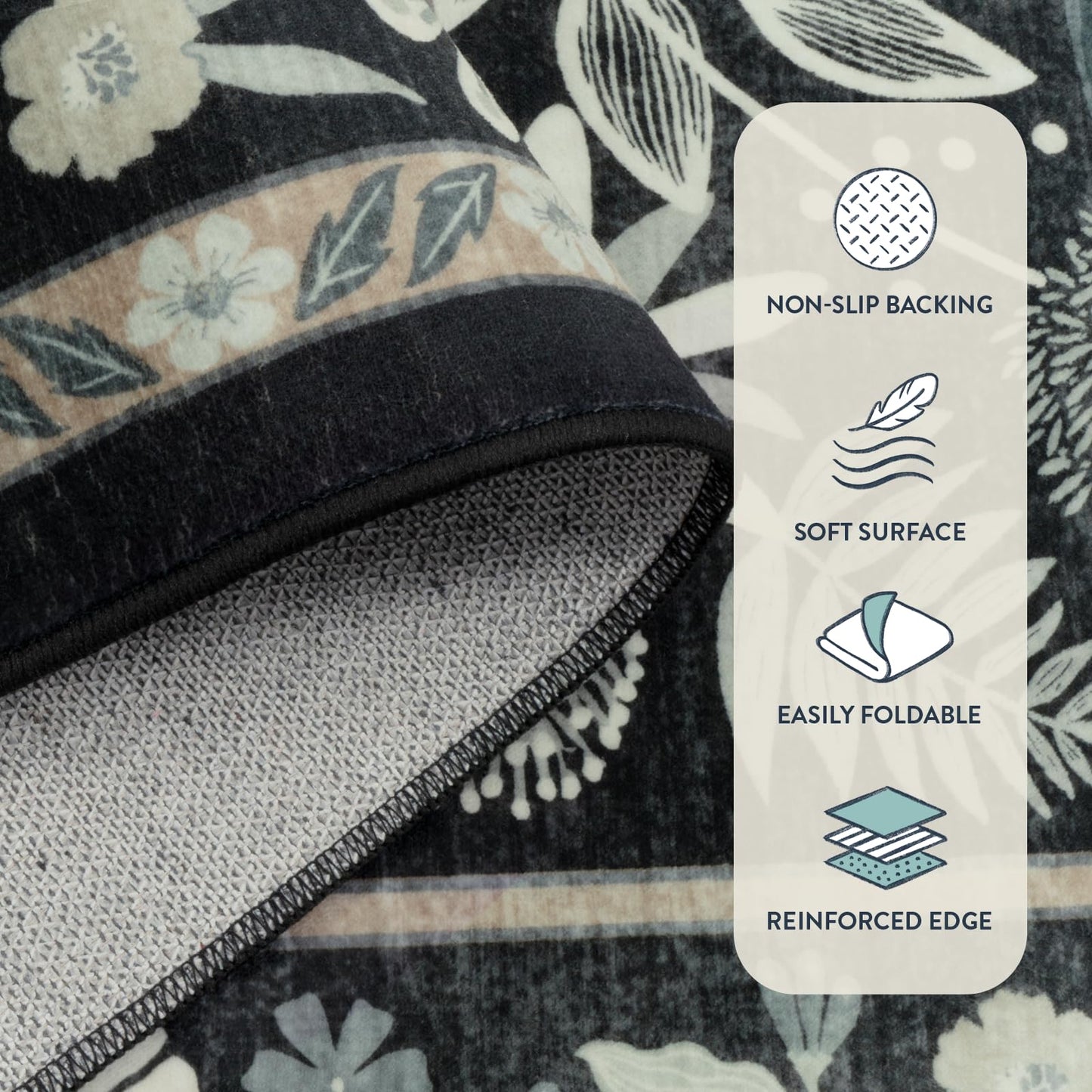 Anidaroel Black Botanical Floral 8x10 Rugs for Living Room, Washable Large Area Rugs for Bedroom Non-Slip Soft Modern Rugs, Ultra-Thin Indoor Throw Carpet Mat for Dining Room Nursery Office
