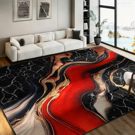 RSJLFHE 4x6ft Area Rug for Living Room, Elegant Red Black Gold Abstract Marble Washable Rug, Non Slip Low Pile Fluid Ink Design Stain Resistant Indoor Carpet for Bedroom Office Home Decor