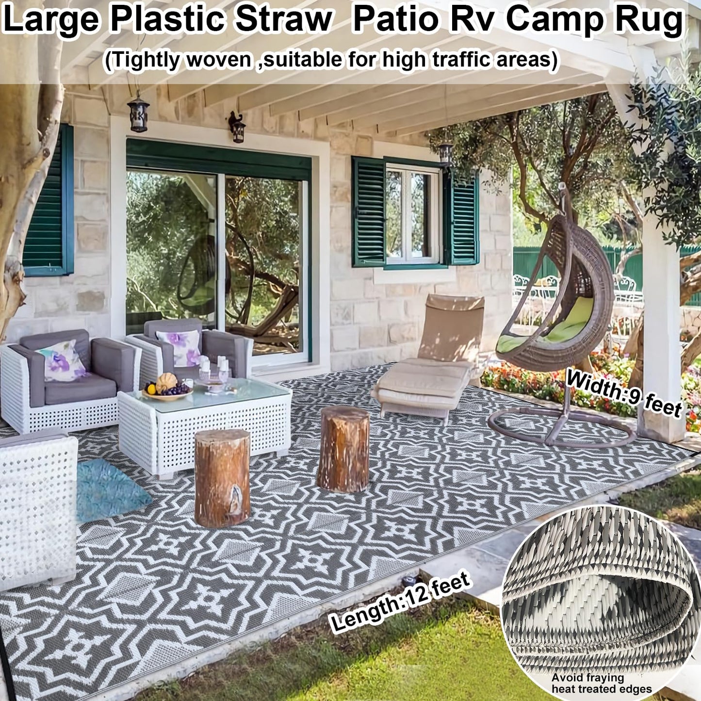 Alfolo Outdoor Rug 9x12 for Patios Clearance,Outdoor Plastic Straw Rug,Waterproof Camping Rugs for Outside Your Rv, Deck, Porch,Beach,Picnic,Pool Grey Recyclable,Easy Cleaning Outside Mats with a Bag