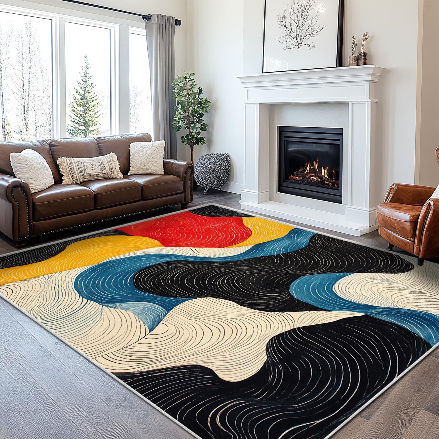 5x7 Colorful Area Rug Modern Abstract Black White Blue Beige Red Yellow Bedroom Rug Soft Low Pile Thin Large Carpet Living Room Non Slip Dining Room Stain Resistant Office Washable Machine