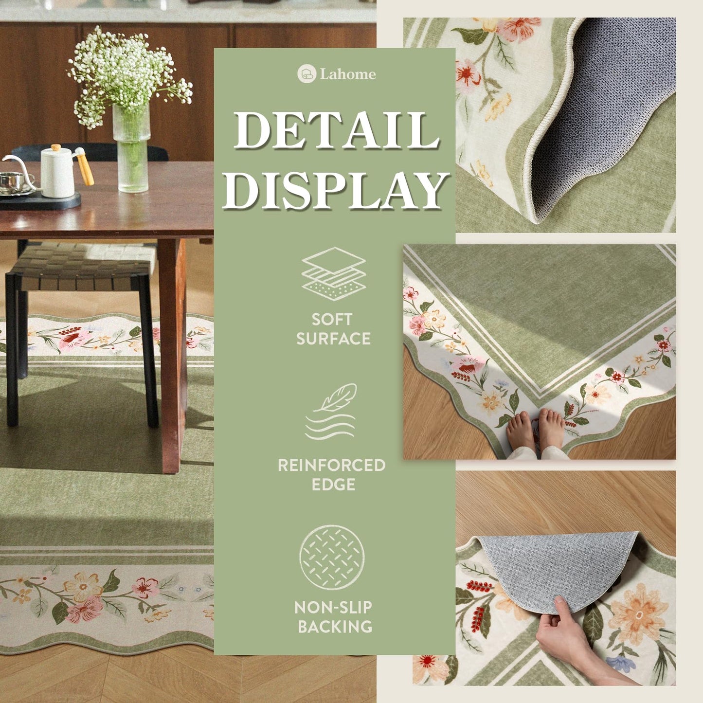 Lahome Floral 2x3 Rug, Green Kitchen Rugs Ultra-Thin Washable Scalloped Bathroom Rug Indoor Mats for Entryway Non-Slip, Boho Stain Resistant Small Throw Rugs for Bedroom Ariele（Green）