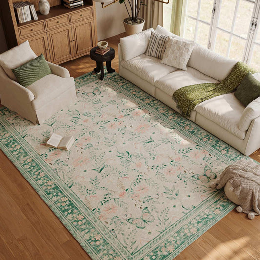 Rugxara Green Floral Rug for Living Room Bedroom, 5x7 Washable Rug,Vintage Boho Area Rug, Large Non Slip Low Pile Wool Carpet for Indoor Dining Room,Girls Kids Room and Nursery Room(Sage Green 5x7ft)