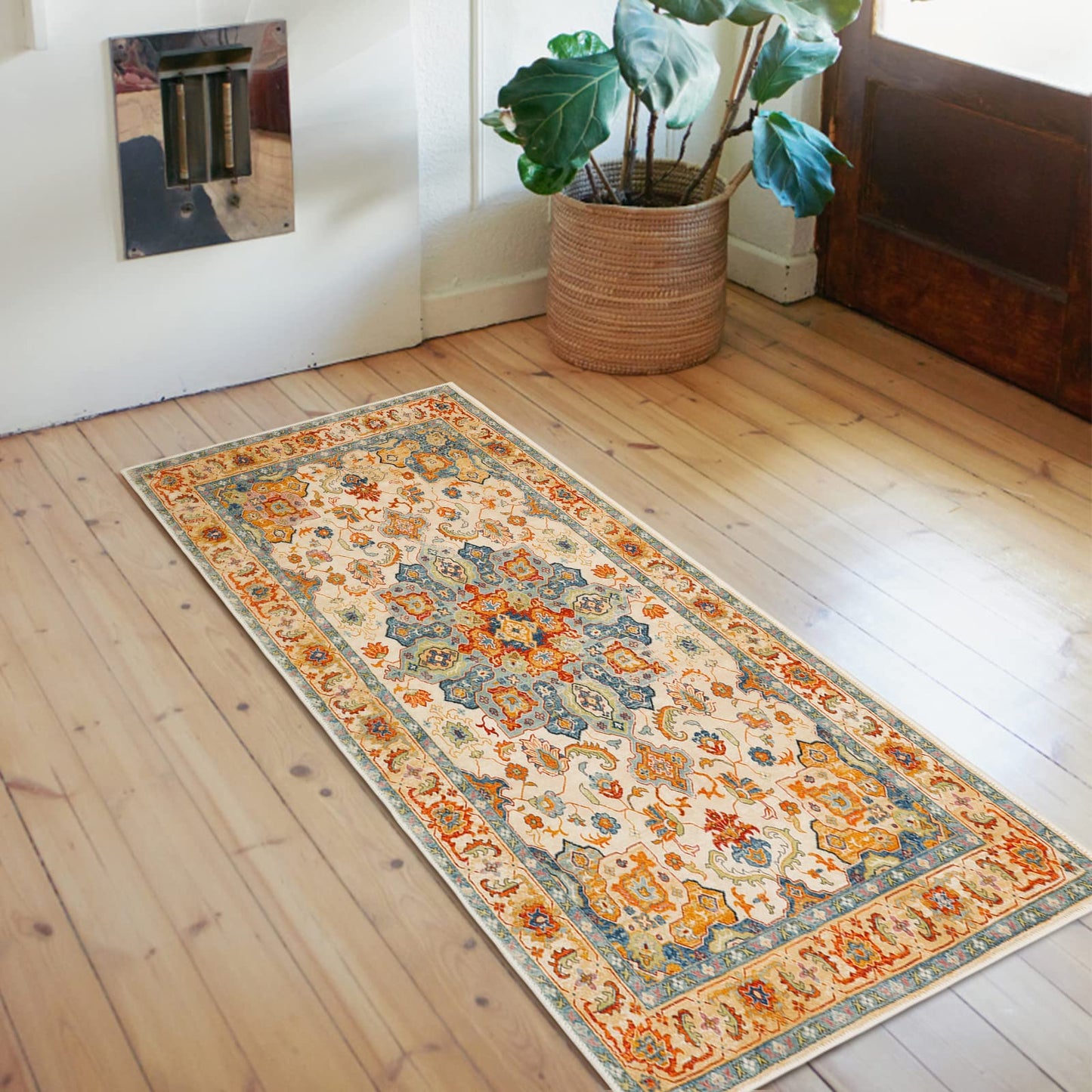 COMSLE Boho Distressed Area Rug 2' x 4', Machine Washable Faux Wool Non-Slip Small Rug for Entryway, Bedroom, Kitchen - Indoor Floor Carpet