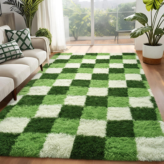 FALARK Fluffy Deep Green White Rugs for Bedroom, 4x6 Feet Checkered Rug for Living Room, Cute Shag Carpet for Kids Girls Room Nursery, Soft Shaggy Modern Indoor Carpets for Home Decor