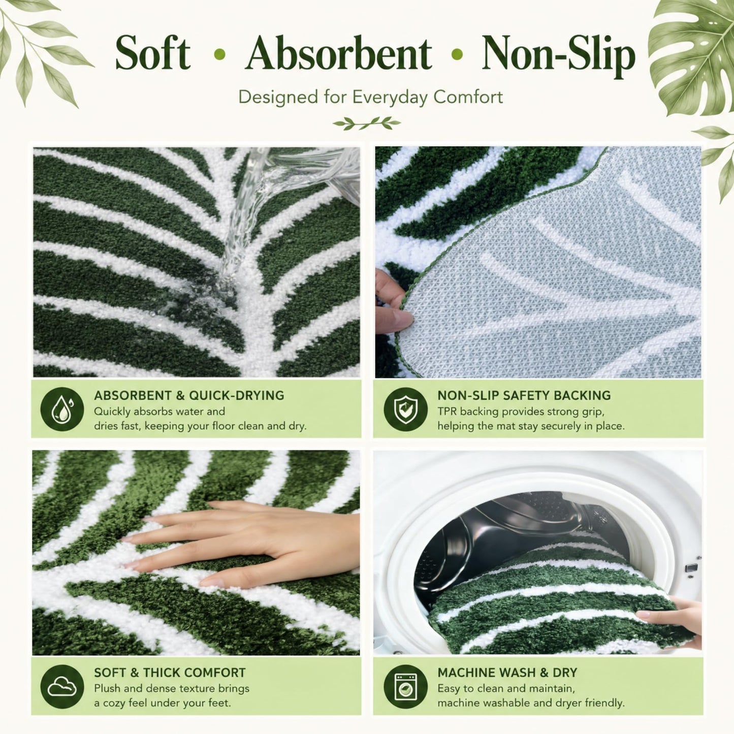 WENBOER Tropical Monstera Leaf Bath Rug, Soft Plush Botanical Bathroom Mat with Non Slip Backing, Absorbent Green Bathroom Decor for Cozy Home Styling, 24x32 Inch
