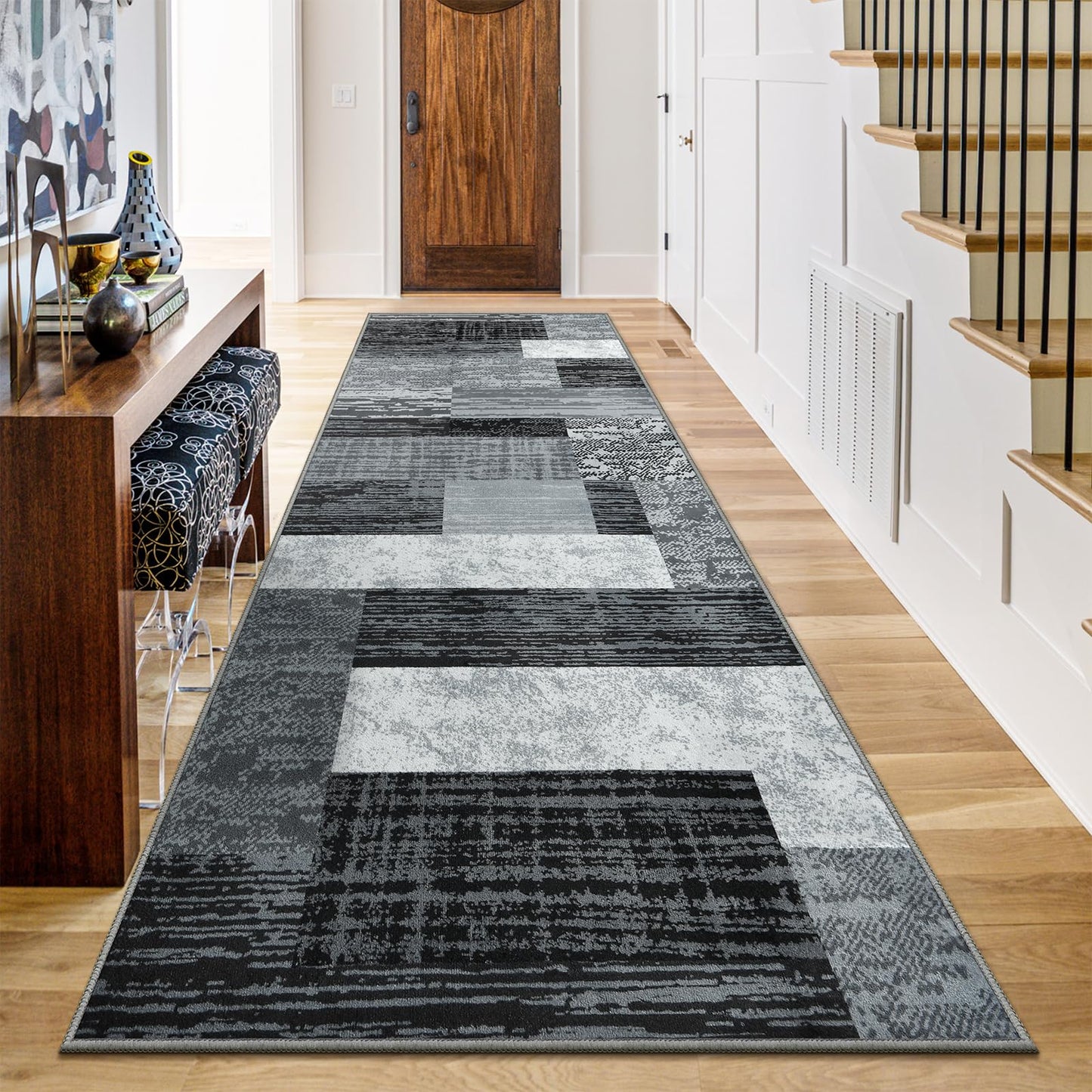 Indoor Runner Rug, Washable Runner Rug with Rubber Backing, Modern Geometric Patchwork Aesthetic Carpet for Bedroom, Living Room, Hallway, Entryway, Washable Rug Rockwood Collection, 2x6 Ft Grey