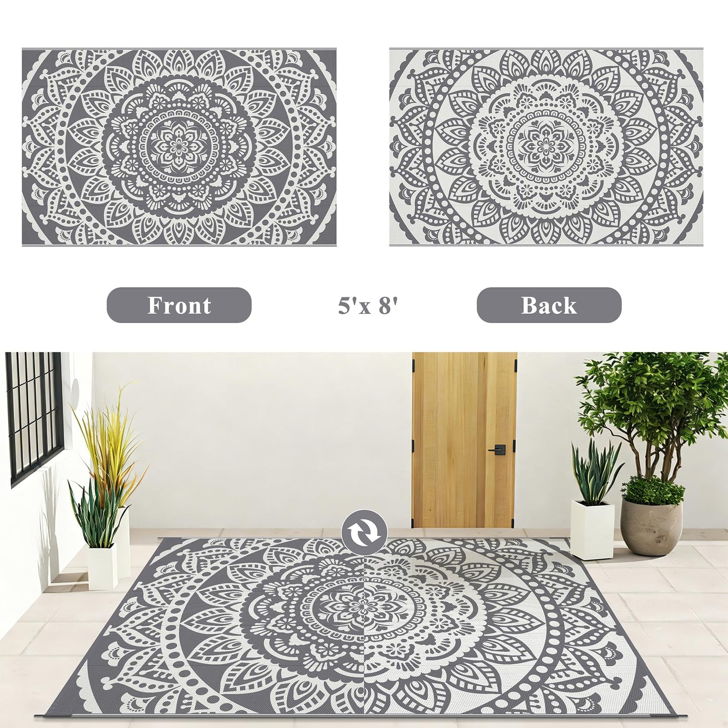 Bsmathom Waterproof Outdoor Rug 5'x8' Grey