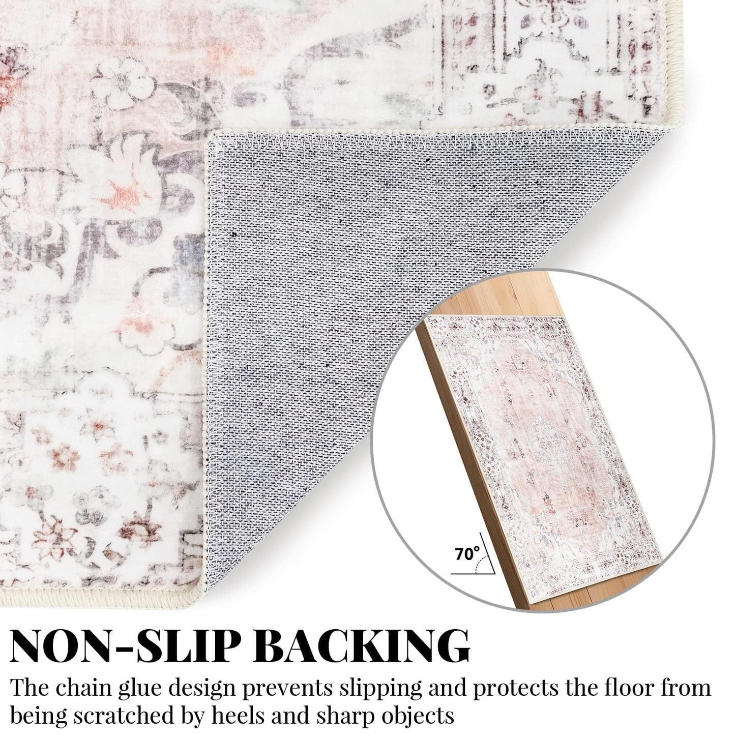 MUJOO Boho Area Rug 3'x5' Machine Washable, Pink Small Non Slip Area Rugs for Entryway Bedroom Bedside Kitchen Hallway Living Room Laundry Room Indoor Mat Soft Low-Pile Floral.