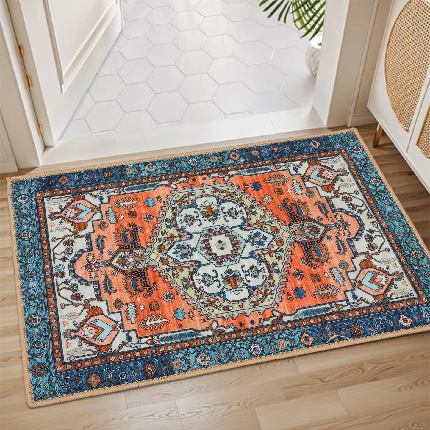 Boho Small Rugs Non Slip,20"x32" Indoor Door Mat Machine Washable,Low Profile Floor Mat Rug Rubber Backing,Resist Dirt Absorbent Floor Doormats for Entryway Kitchen Bathroom Bedroom