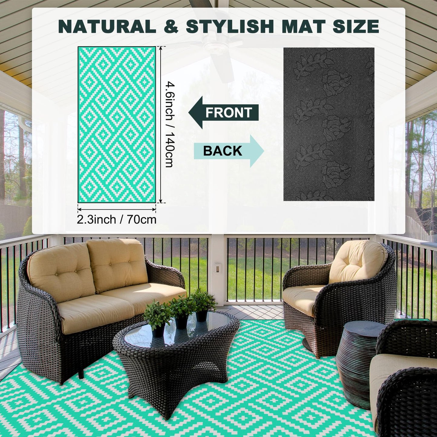 M METERXITY 1-Pack Outdoor Rug, 4.6' x 2.3' Area Rug Polyester Outside Carpet Non-Shedding Geometric Carpet for Patio/Porch/Lawn/Living Room/Balcony/Garden/Camping [Green/White]