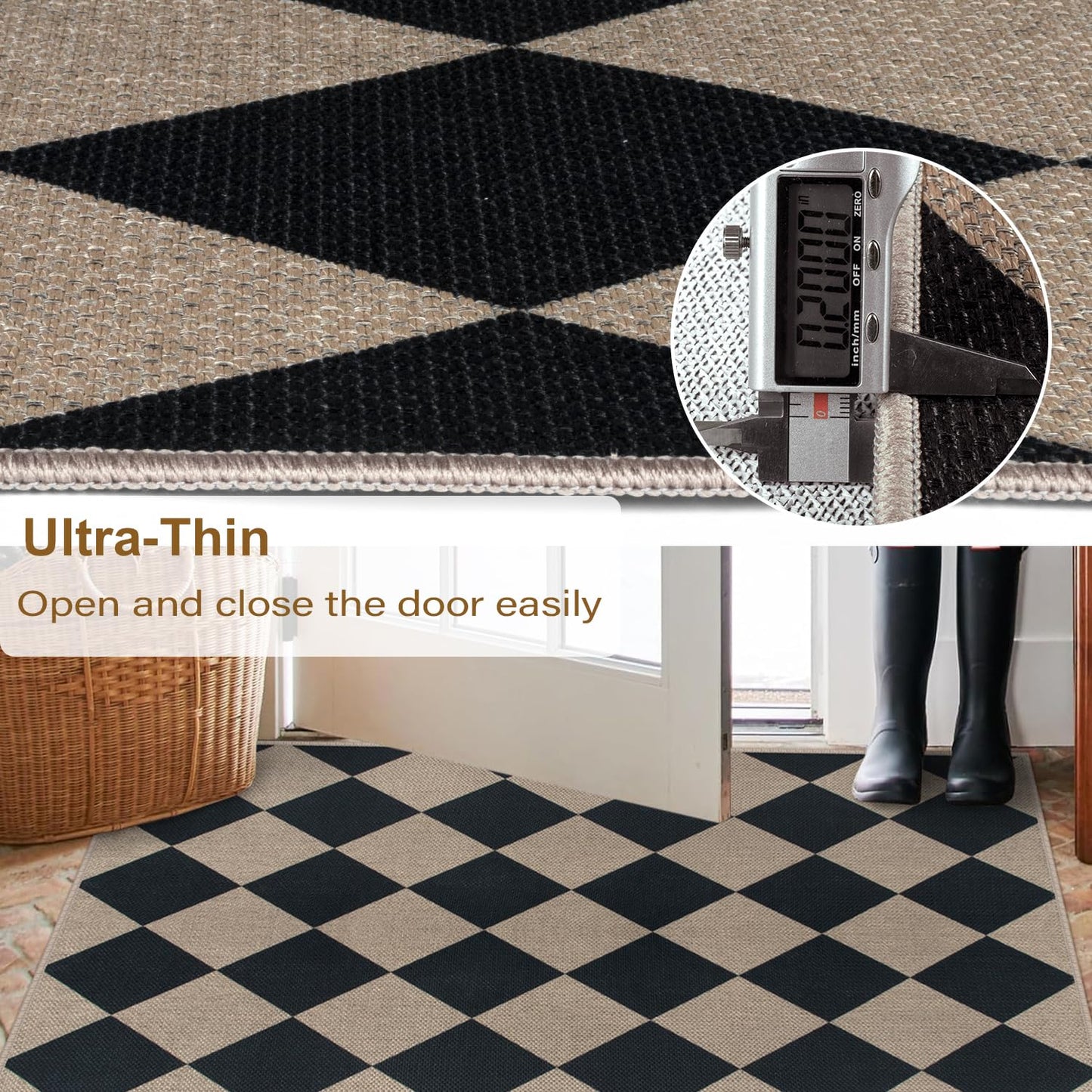 Rugalia Easy Jute Small Outdoor Patio Rug, 3x5 Black Checkered Entryway Rug Washable Modern Diamond Kitchen Rugs, Non-Slip Neutral Farmhouse Throw Carpet for Living Room Porch Backyard