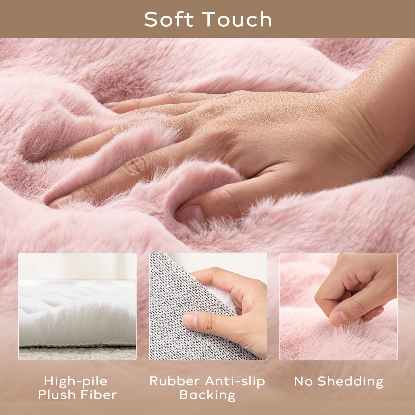 Ashler Faux Rabbit Fur Rug, Pink 2x6 FT Fluffy Soft Runner Area Rugs, Rectangle Fuzzy Carpet for Living Room, Bedroom, Machine Washable Shaggy - 3D Bubble Rug,