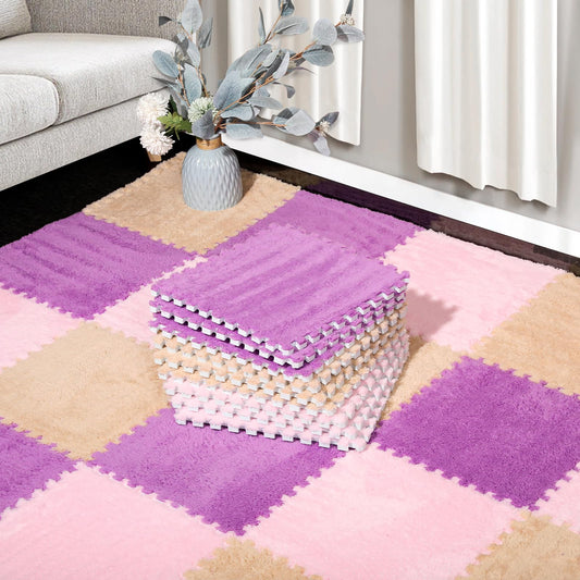 12 Pcs Plush Interlocking Carpet Tiles, Non-Toxic Foam Carpet Tiles for Toddler Baby, Anti-Slip, EVA Foam Interlocking Tiles for Floor, Nursery, Playroom, Purple, Light Brown, Pink