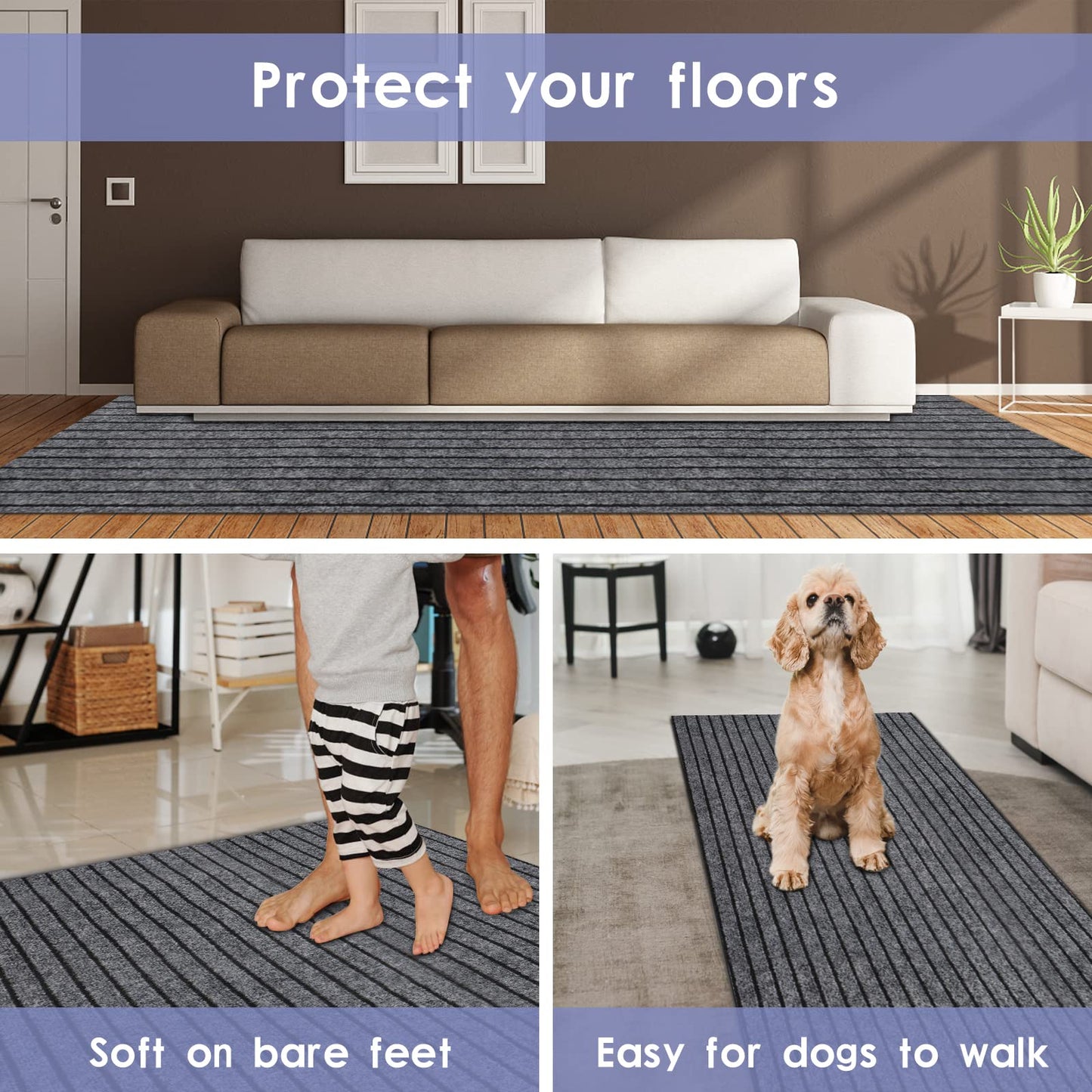 FREADEM Runner Rugs for Hallways, 2FT x 6FT Non Slip Kitchen Area Rug Entryway Runner Laundry Room Rug, 2-82 FT Indoor Outdoor Carpet Runners with Rubber Backing, Grey Stripe