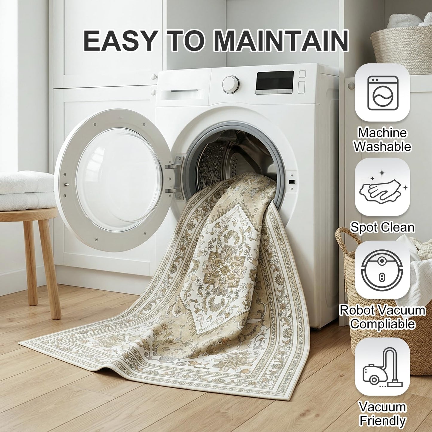 Cnythlis Large Washable Area Rug 8'x10' for Living Room, Water-Resistant, Non Slip Distressed Traditional Medallion Style Rug for Bedroom, 0.26" Low Pile, Pet Friendly Soft Faux Wool, Beige & Ivory