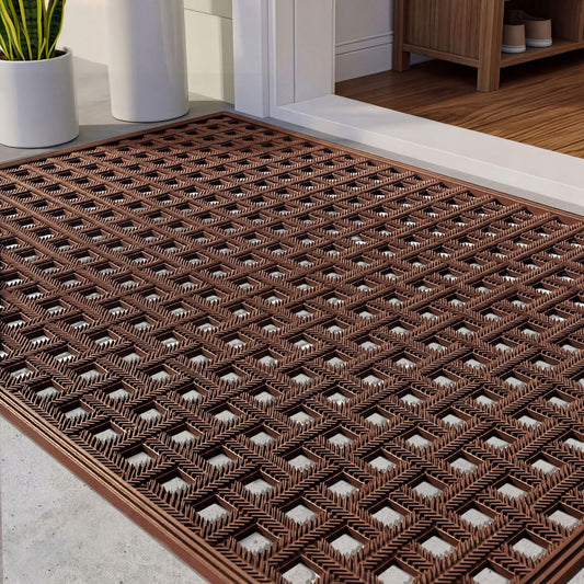 Bulijojo Front Door Mat with Drainage,24x36 Rubber Heavy Duty Dirt Trapper Waterproof Welcome Mat, All Weather for Front Back Door Patio Entryway Brown
