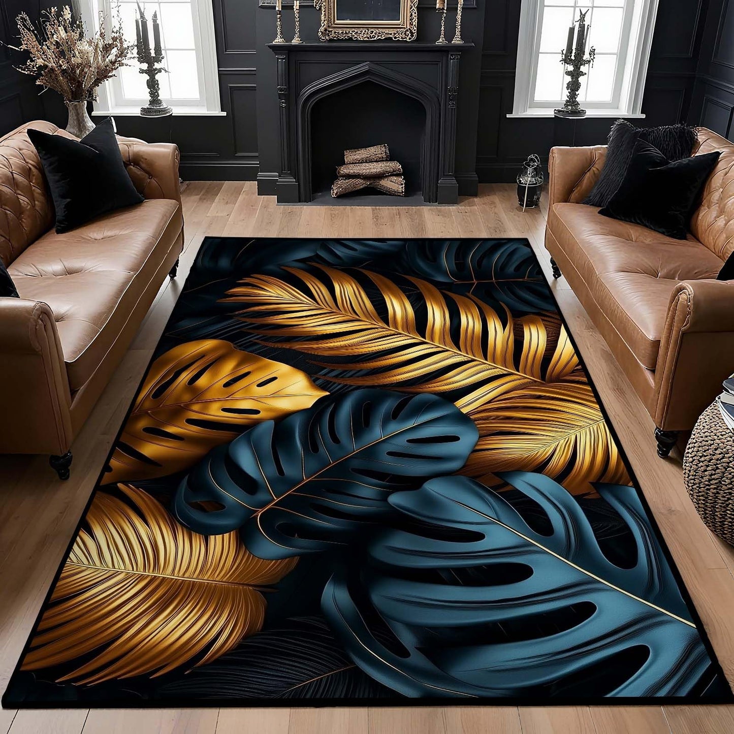 Black Gold Tropical Plant Area Rug, Luxury Botanical Palm Leaf Rug, Monstera & Palm Leaf Rugs, Washable Non-Slip Soft Low Pile Modern Luxury Leaves Carpet for Living Room (4' x 6'(Rectangular))