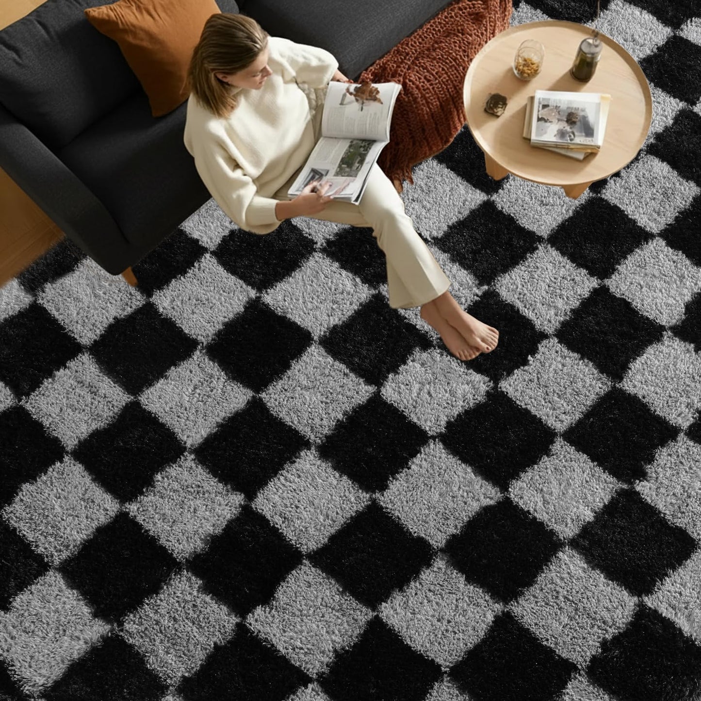 Rezutan Ultra Soft Rugs for Bedroom 8x10 Feet, Checkered Black Grey Fluffy Shag Area Rugs for Living Room, Large Comfy Furry Rug for Girls Kids Baby Room Decor Teenage Pastel Princess Rug, Non Slip