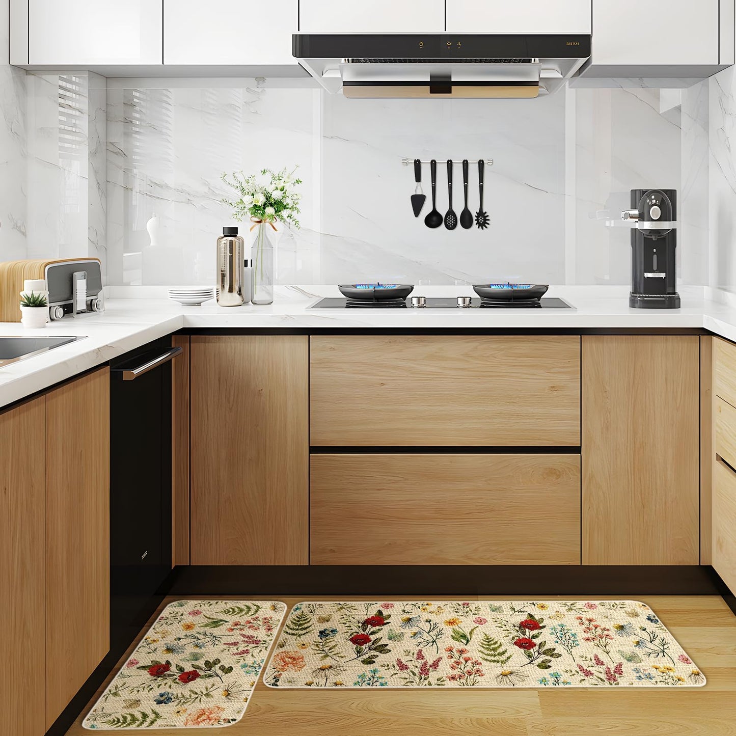 Moutina Wildflower Floral Kitchen Rugs Set of 2, Spring Summer Home Decor Low-Profile Kitchen Mats for Floor - 17x29 and 17x47 Inch