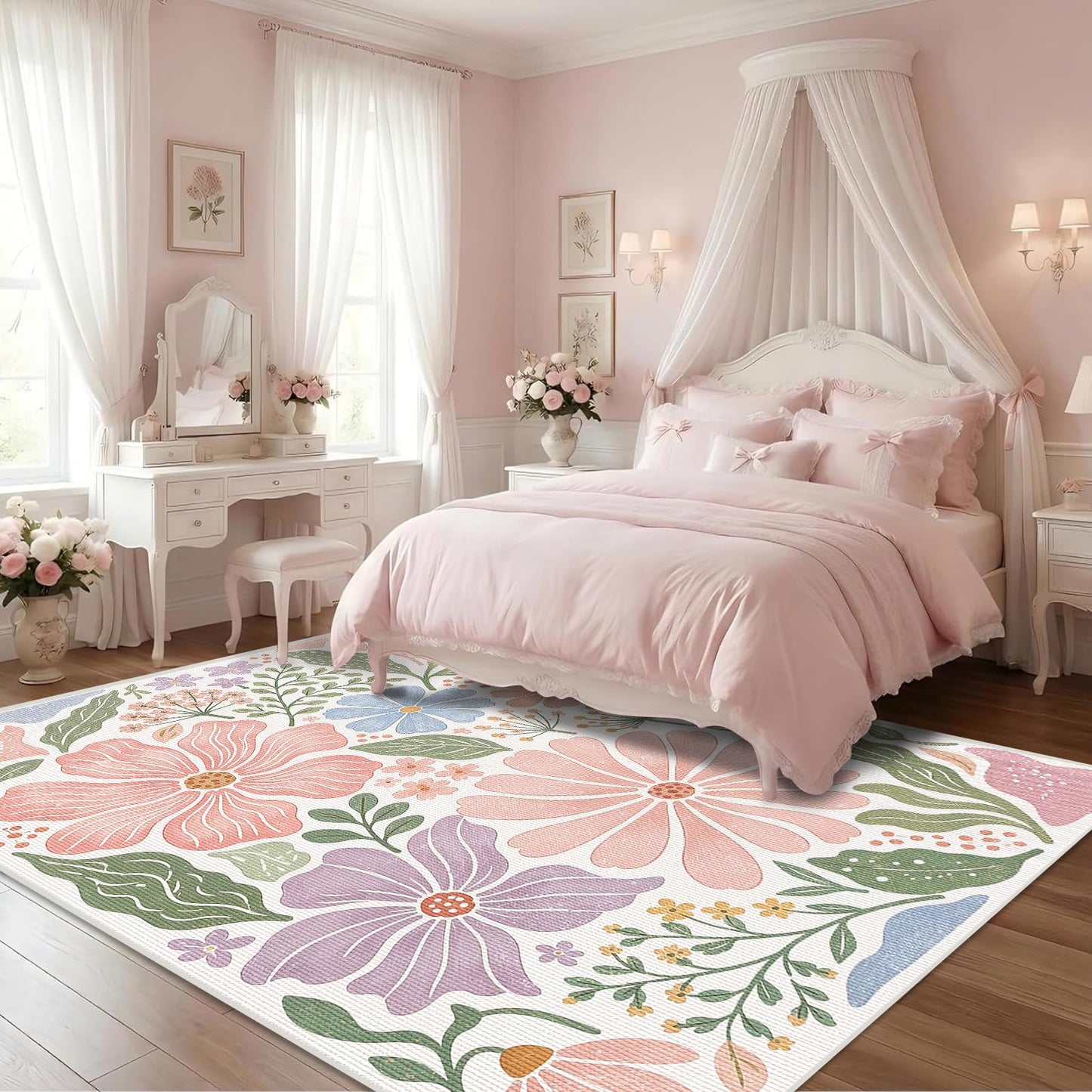 Pink Floral Area Rug for Living Room, 5x7 Soft Low Pile Washable Stain Resistant Non Slip Carpet, Boho Modern Abstract Botanical Pattern for Bedroom Sunroom